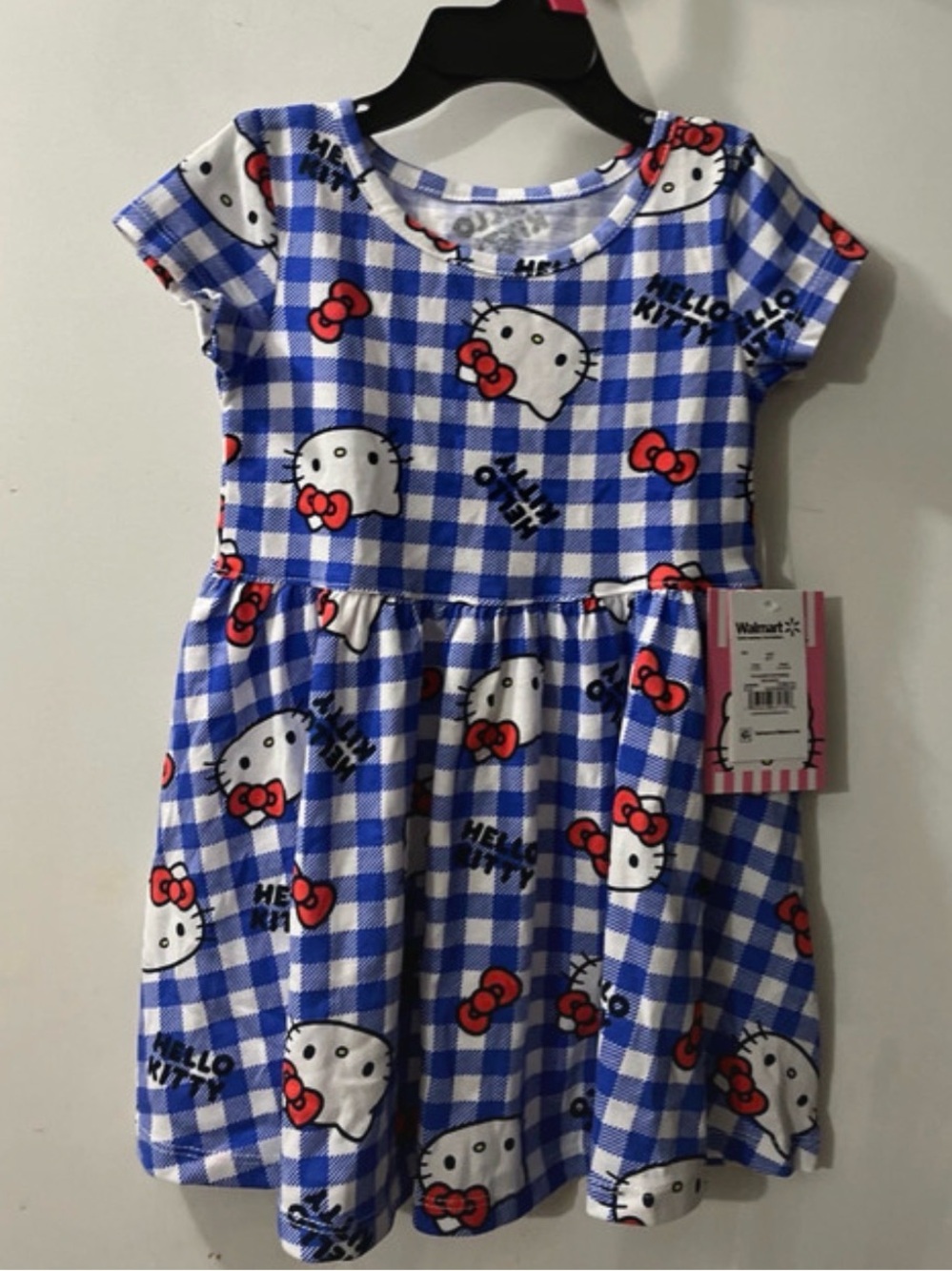 Hello Kitty Blue and White Gingham Short Sleeve Dress with Red Bow Accents